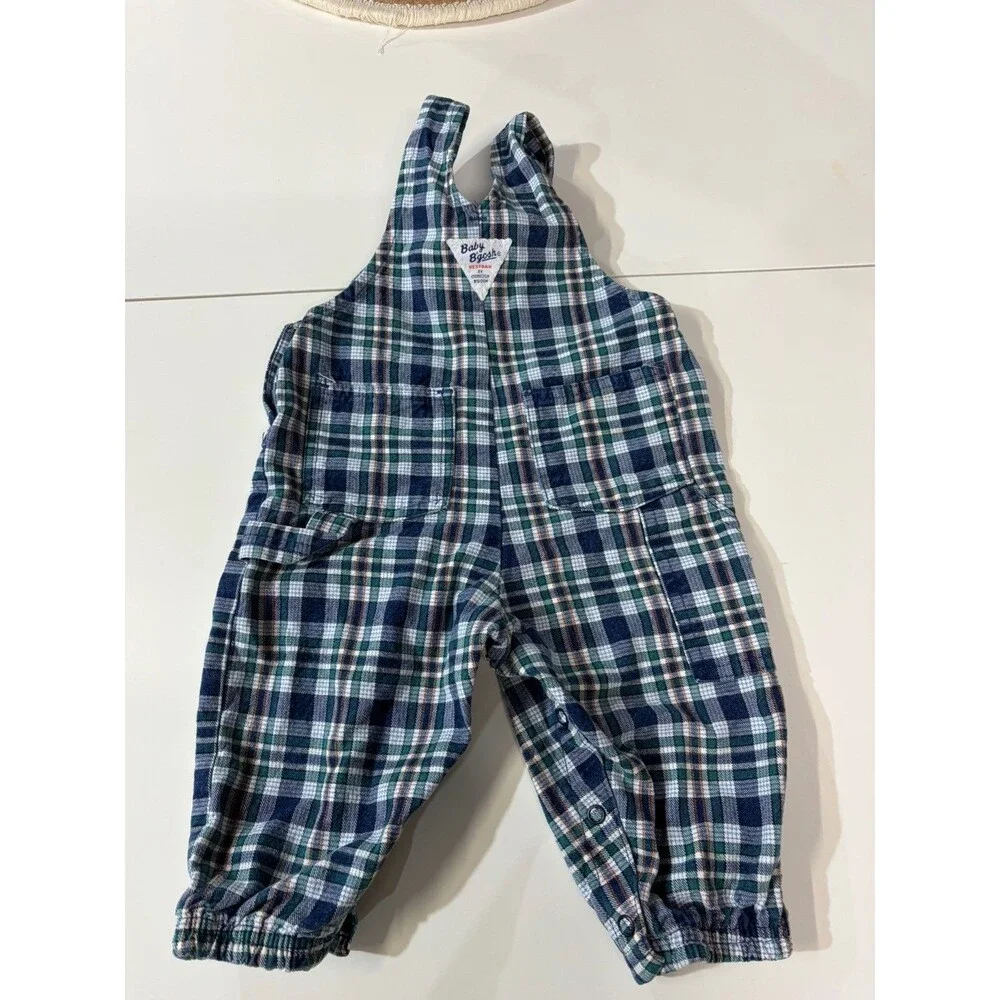 Vintage OshKosh Blue Green White Plaid Cotton Bib Overalls One-Piece 12m